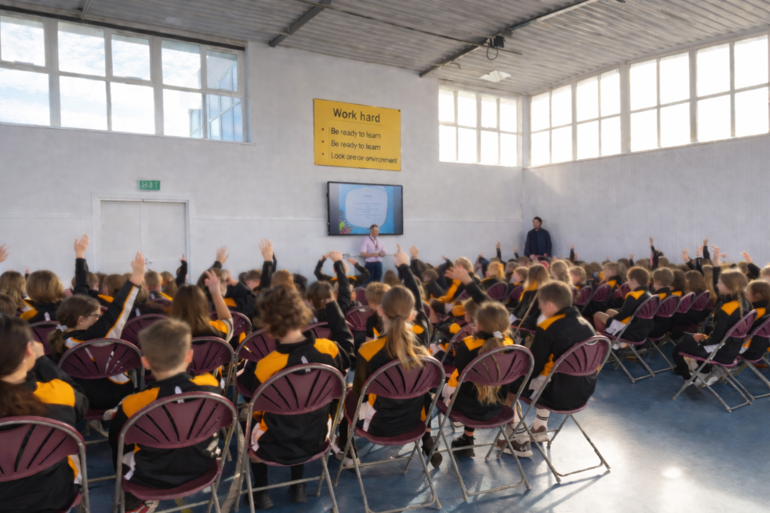 Waymark Education delivering an interactive school session to a large group of pupils